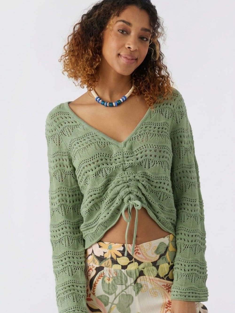 O'Neill Tilly’s Sage Green Ruched V-Neck Knit Sweater